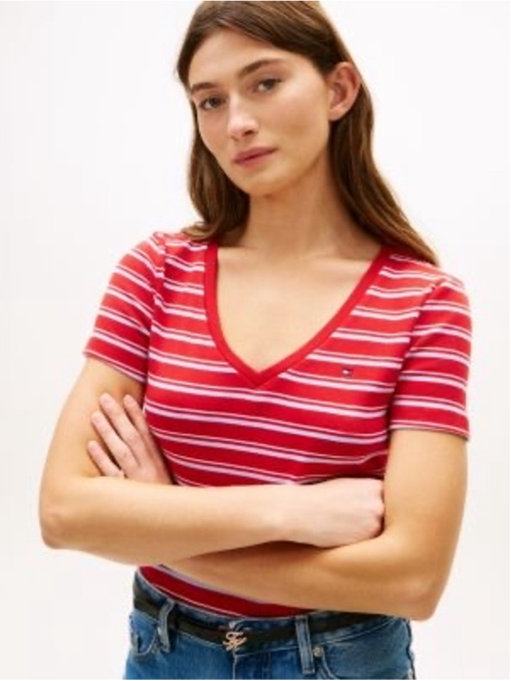 Women's Tommy Hilfiger Striped V-Neck Short Sleeve Tee Red White XL